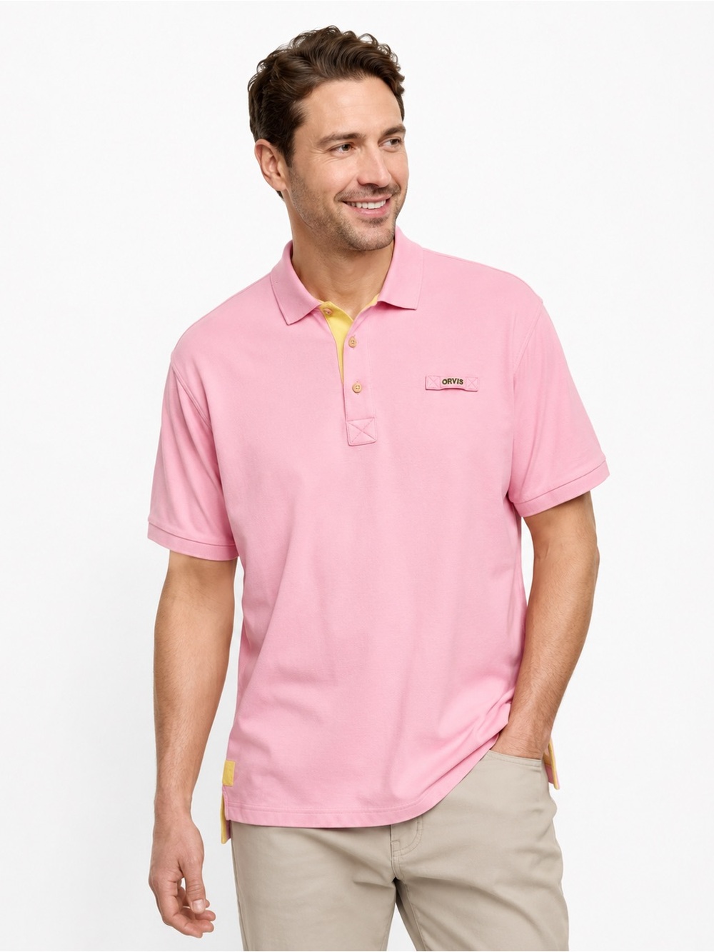 Orvis Fly Fishing Polo Shirt Pink Yellow Cotton Short Sleeve XL Peru